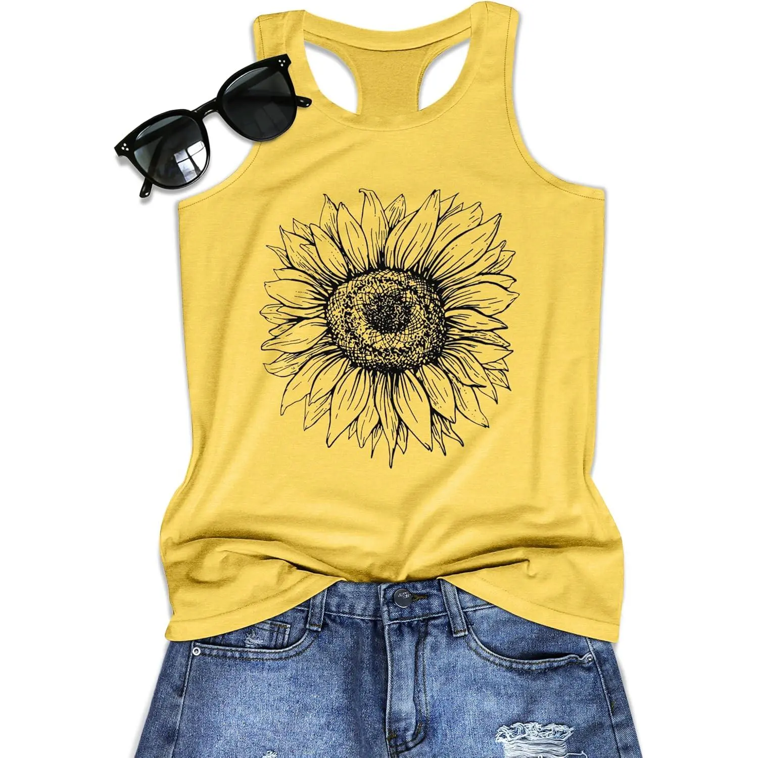 Women's Stretchy Graphic Racerback Tank Top - Light, Basic, Fit Sleeveless Crew Neck Summer Shirt for Casual Day Wear, Workout, Beach