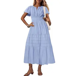 Elegant Long Dress for Women, Featuring a V-Neck, Pleated Layered Design with a Flared Hem, Machine Washable. Suitable for Everyday Wear And Evening Parties Or Weddings