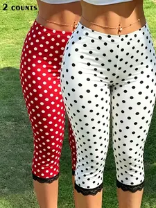 Women's 2-Pack Polka Dot Lace Trim Capri Pants, High-Waisted Slim Fit, Summer Casual, /, Comfortable & Breathable, Versatile Style