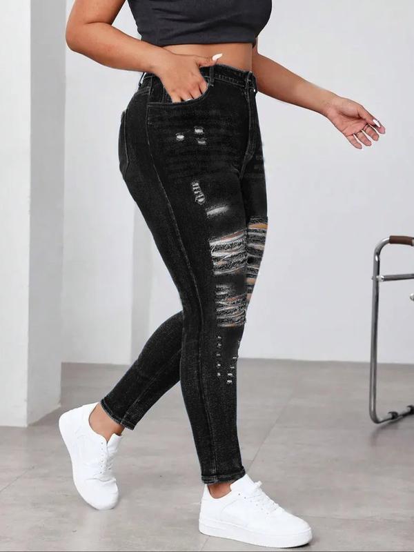 Plus Size Women's Elastic Washed Tight Casual Ripped Skinny Jeans, Distressed High Waist Long Denim Jeans for All Seasons, Sexy Date