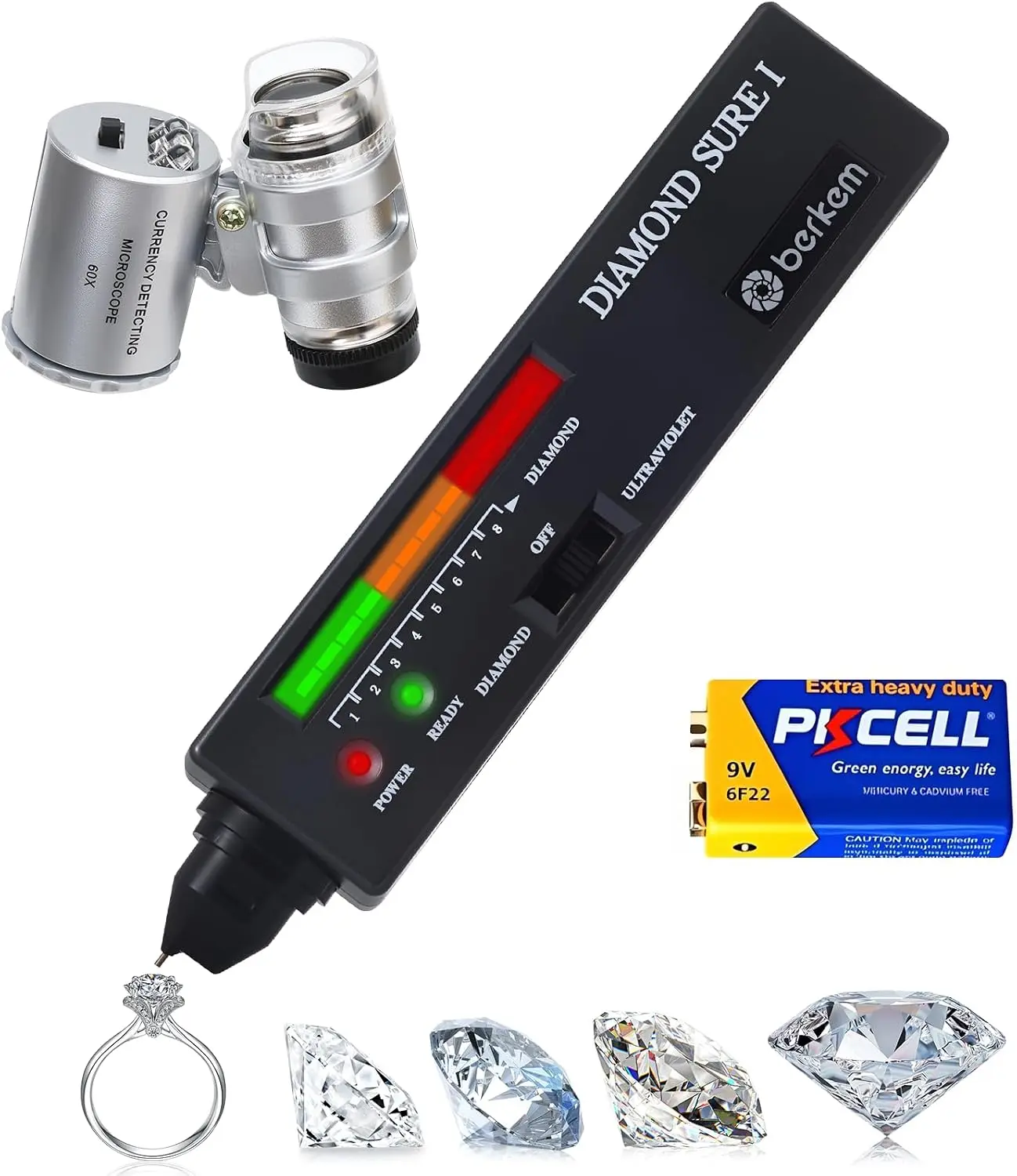 Tester Kit with 60X Loupe & UV Light, Thermal Conductivity| Tester Pen for Real Diamonds, Detects CZ, LED & Audible, Tests Small & Mounted Jewelry (2pt / 0.02 ct+)