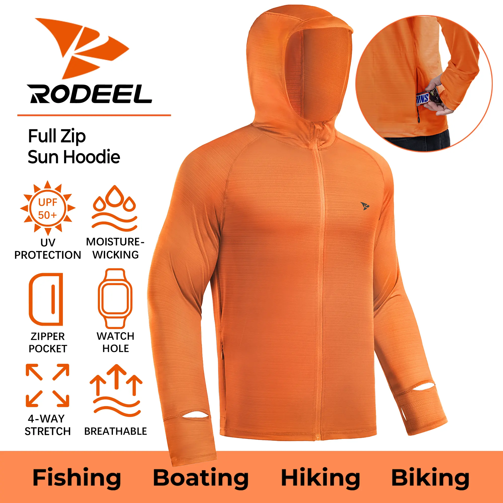 RODEEL 930 Full Zip Sun Hoodie Shirts w/ Thumbhole Men UPF 50+ UV Protection Long Sleeve Lightweight Quick Dry Moisture Wicking Breathable Cooling Athletic Activewear for Outdoor Sports Hiking Camping Fishing Construction Roofing Landscaping summervibes