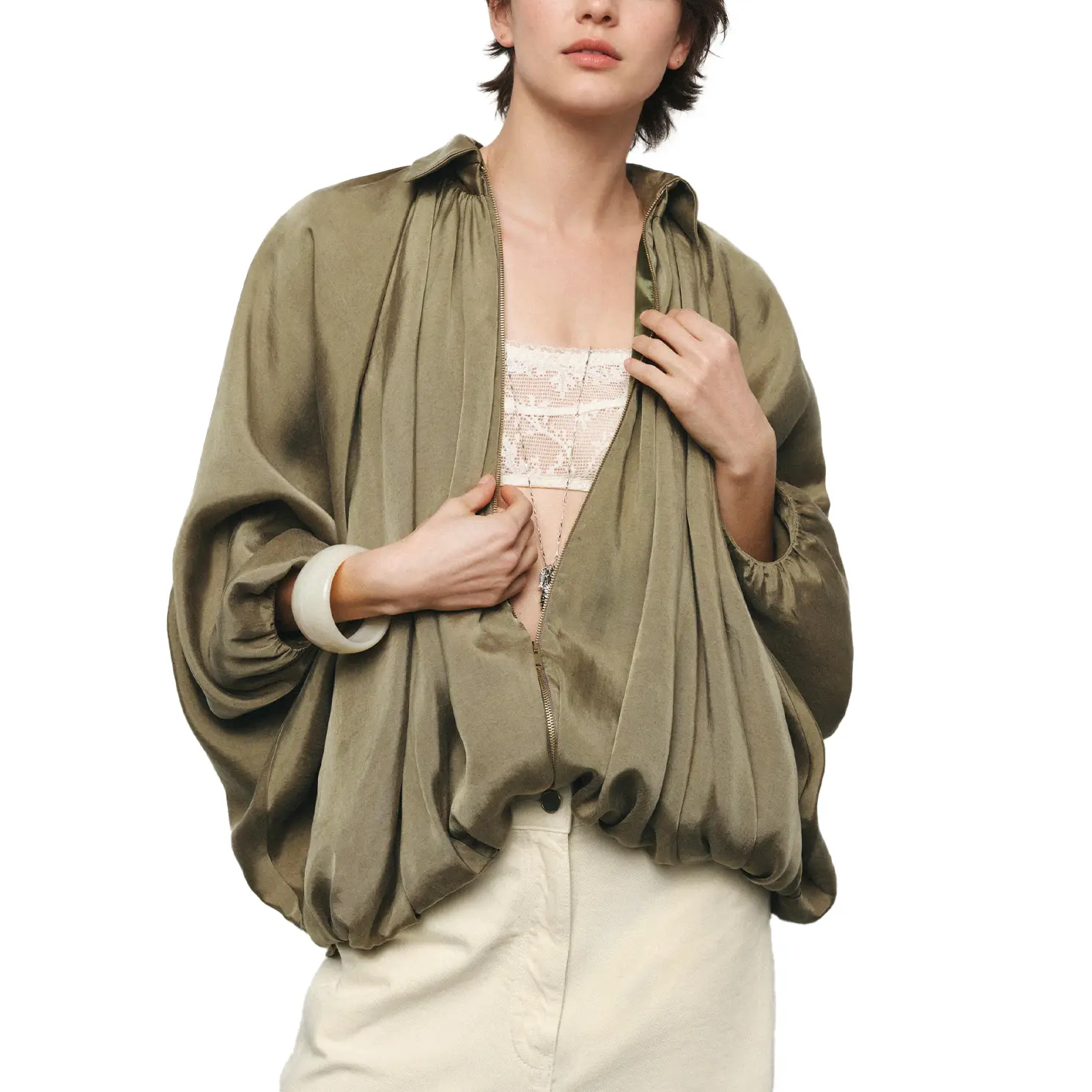 MaLinfandor Womens Puffed Bomber Jacket Casual Batwing Sleeve Lapel Collar Zip Shirts Oversized Pleated Streetwear Jackets