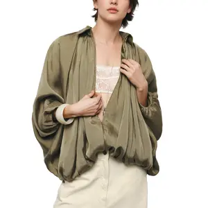 MaLinfandor Womens Puffed Bomber Jacket Casual Batwing Sleeve Lapel Collar Zip Shirts Oversized Pleated Streetwear Jackets