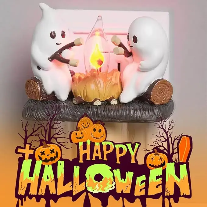 Ghost Campfire Night Light, Plug-in Wall Flickering Flame Nightlight, Halloween 3D Cute Spooky Marshmallow Ghost Decoration for Bedroom, Spooky Season Home Halloween Decor for Kids Adults