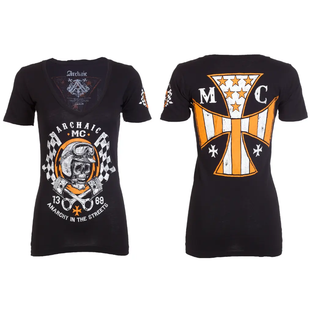 ARCHAIC by Affliction Women's Gothic Printed Hot Piston Graphic V-Neck 100% Cotton Short-Sleeve Slim-Fitting Casual Biker Streetwear Top - Made in USA, All Seasons, Pull-On, Cold Wash
