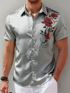 Spring New Bright Color Men's Short Sleeve Top, Floral Pattern, Casual Style, Fashionable and Versatile, Perfect for Daily Wear, Parties, Office