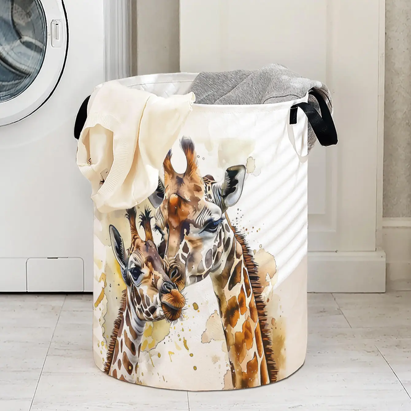 Giraffe Print Laundry Basket with Handle, Durable Foldable Clothes Storage Bin, Large Capacity Toy Organizer, Home Use Reusable Hamper