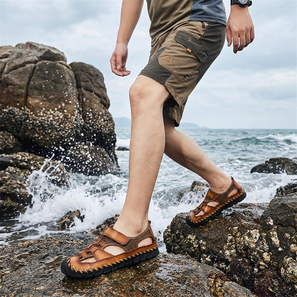 GREKS Men's Outdoor Sandals - Adjustable Strap, Toe Protection, Mesh Upper, Brown & Black, Summer Comfort Breathable Shoes