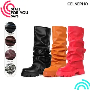 CELNEPHO Womens Slouchy Boots Round Toe Foldover Knee High Boots Chunky Platform Heel Easy Pull on Combat Tall Booties Everyday Wear Gift Date Casual Dress Shoes Deals For You Days