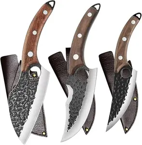 Handmade Forged Kitchen Knife 3 Pcs Professional Chef Knife Set, Hunting, BBQ Meat Knives for Cooking, Forged Kitchen Knife with High Carbon Stainless Steel Cutlery With Leather Sheaths Block Kitchen Knives Knife Block Chopping