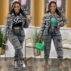 Women's Clothing Sets Multi Pockets Denim Pants Outfit Sexy Women Two Pieces Elegant Jeans Casual Matching Set Jacket+Trousers