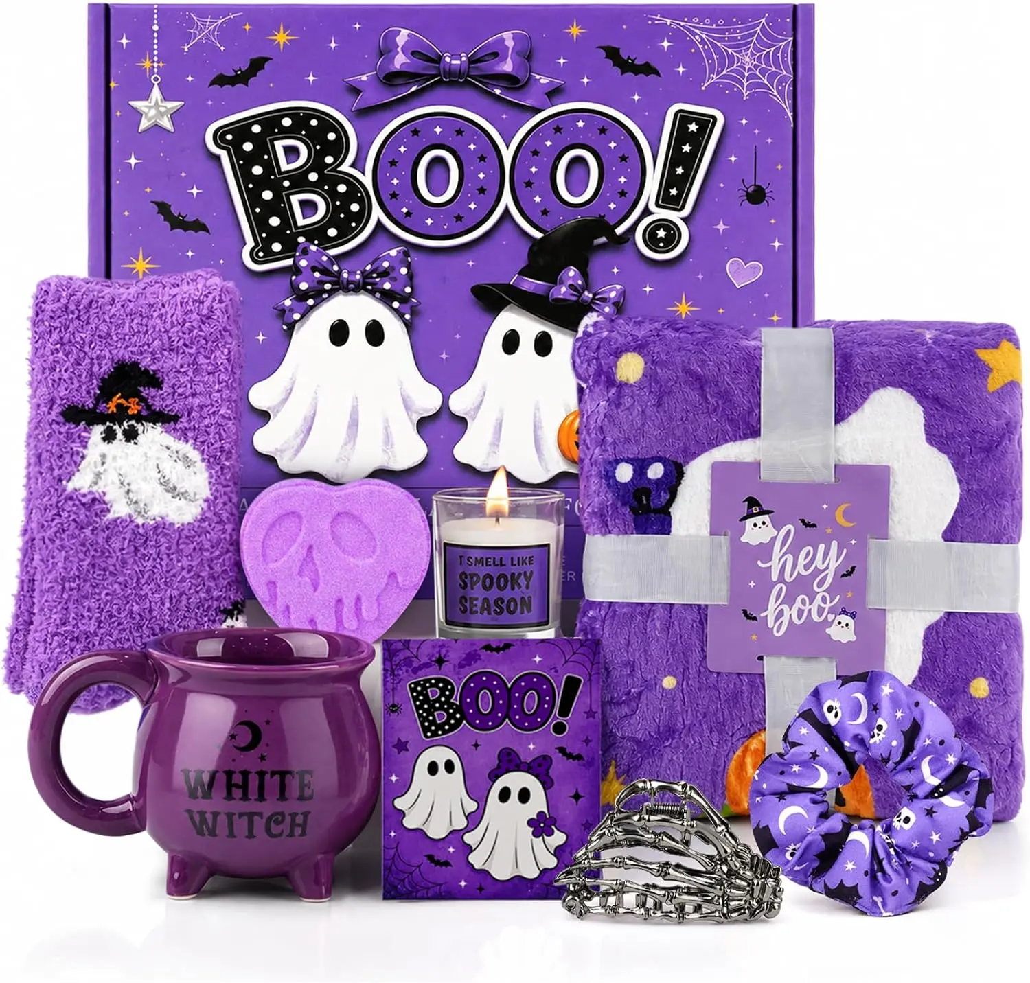 Purple Boo Basket Stuffers for Women, Halloween Gifts Setwith Blanket