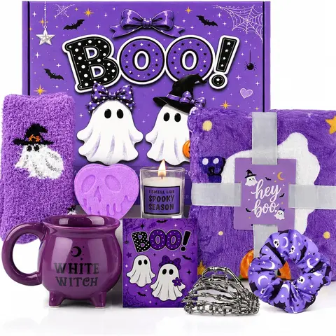 Spooky Women's Halloween Boo Basket Stuffers Boxes with Blankets, Purple/Pink/Black Halloween Gifts for Women