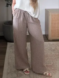 Women's Casual Gingham Wide Leg Pants, Loose-Fitting Elastic Waist, Mid Waist Long Pants with Button Design, Comfortable Cotton Trousers