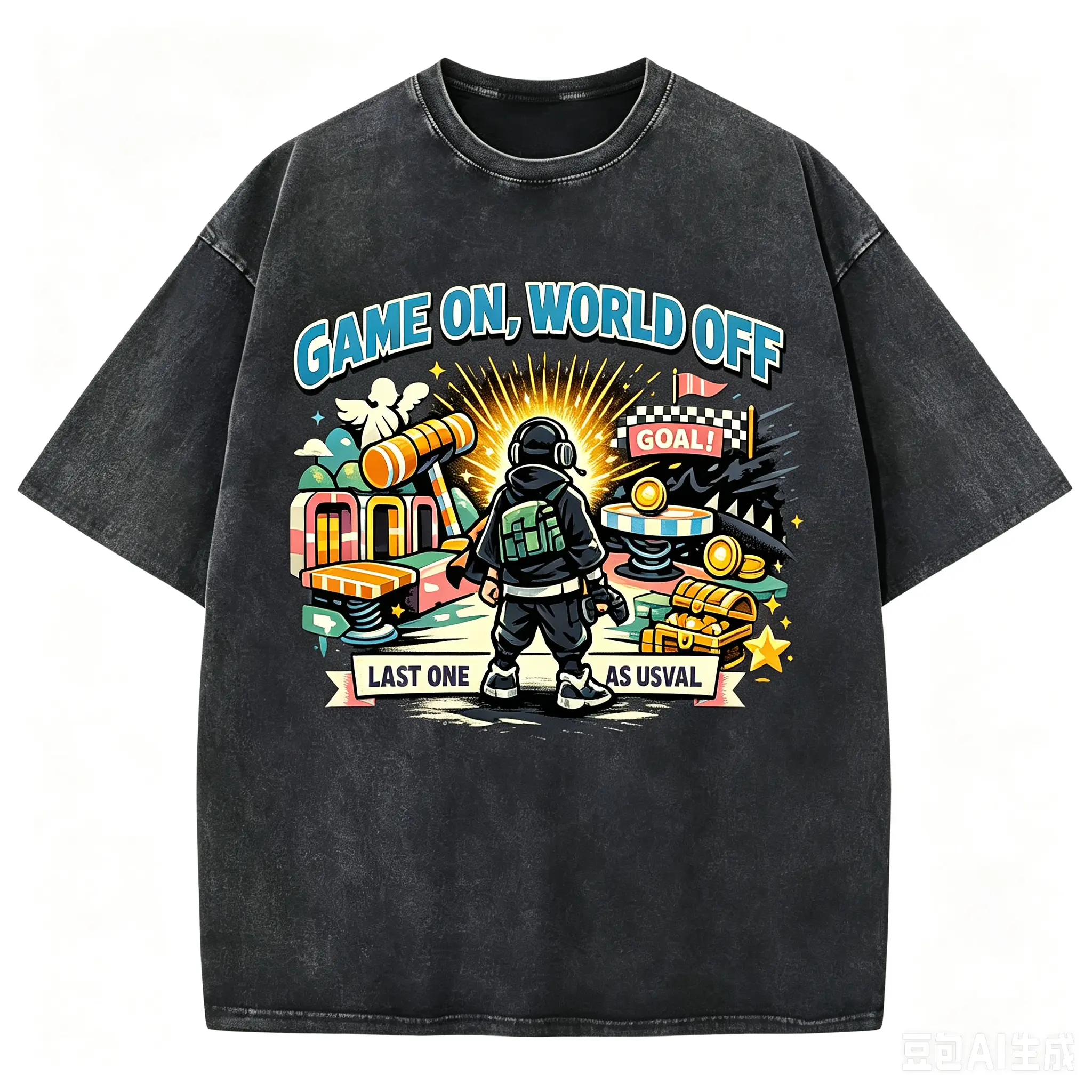 Unisex Vintage Washed Black Oversized Gaming Graphic Sports T-Shirt - Cool Streetwear Short-Sleeve Tee with Game Scene Print, Casual Summer Daily Wear Top