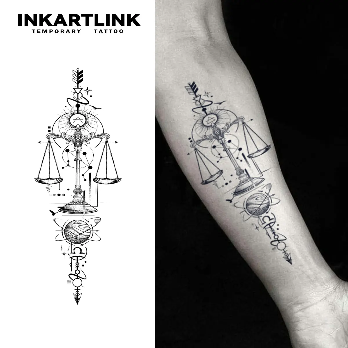 INKARTLINK Semi-Permanent Fake Tattoos - 2 Sheets, 3 Scales of Justice Designs, Realistic, Waterproof, No Adhesive, No Reflection, Lasts 1-2 Weeks, Adult Art for Men & Women, Ideal for Swimming, Parties