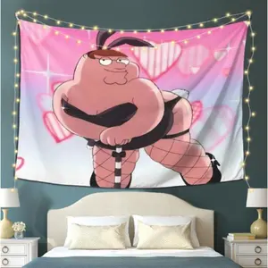 [1pc Funny Cartoon Tapestry] Vibrant Pink & White Polyester 1pc Funny Cartoon Character Tapestry | Bold Design, Heart Patterns, Perfect for Living Room, Bedroom, Office, or Party Decor, Bedroom Wall Art