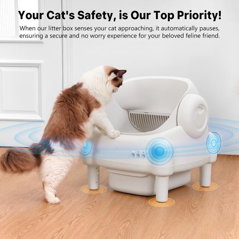 ECORUI Self-Cleaning Cat Litter Box Open Top Automatic with App Control for Multiple Cats Safety Sensors Odor Control Cream White Large Waste Bin Includes 2 Liners
