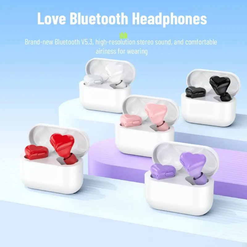 Women's New Original Bluetooth V5.3 Wireless Heart-Shaped In-Ear Headset - 135g High-Fi Audio Earphones, Waterproof, Volume Control, Stylish Comfort, Mobile Compatible, Cute Tech Box, Ideal Gift for Girls