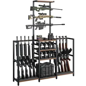67.5" Tall Gun Rack, Indoor Gun Racks for Floor Standing Gun Display Stand, Rustic Wooden Gun Stand with Soft Padding and Pistol Holder, Holds up 13 Long Guns and 8 Handguns