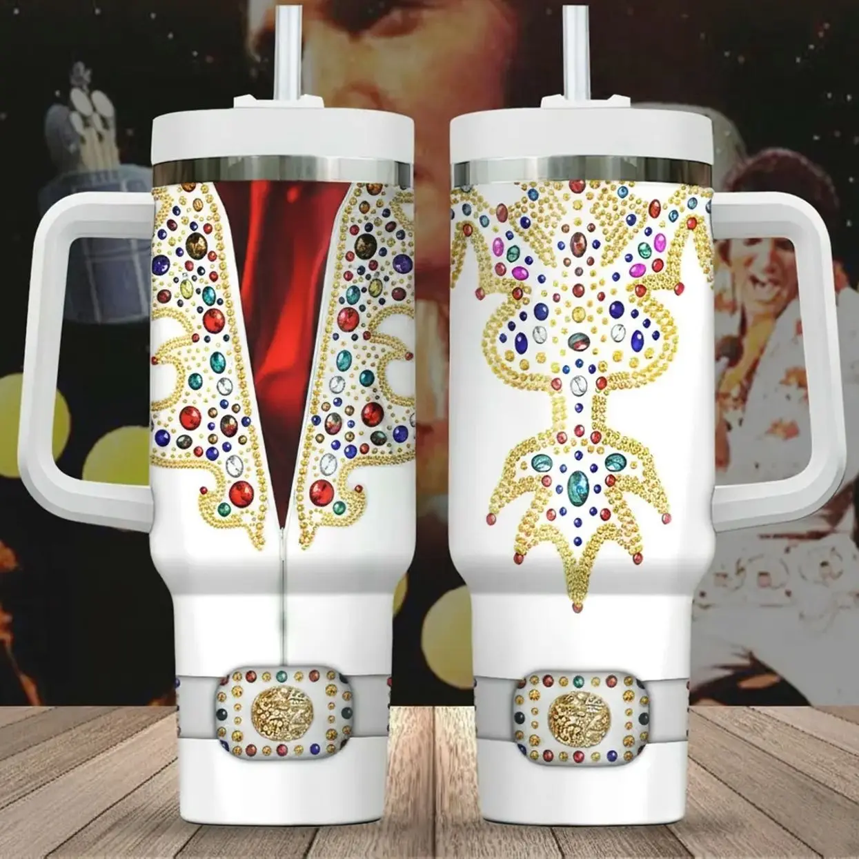 Elvis Presley 40oz Tumbler with Handle - King of Rock 'n' Roll Jumpsuit Design - Retro 70s Legend Aesthetic 40 oz Stainless Steel Cup with Straw | Gift for Elvis Fans & Collectors - Rockabilly Merch