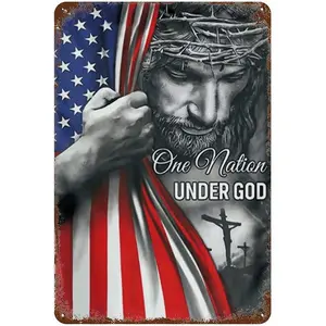 12x8 Inches One Nation Under God Metal Aluminum Sign Jesus American Flag Patriotic Christian Retro Wall Decor for Home Vintage Religious Gift