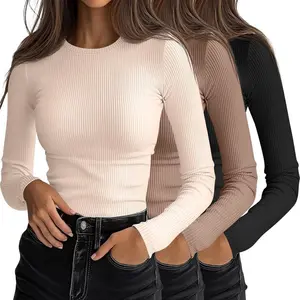 3-piece women's ribbed long top, round neck slim fit underwear knitted basic casual elastic layered T-shirt