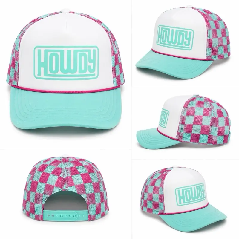 HOWDY Brand Vibrant Checkered Cap with Teal Brim and Bold HOWDY Logo for Stylish Outfits