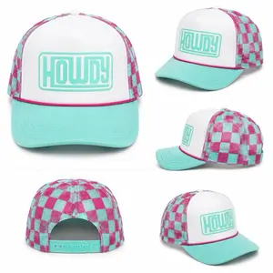 HOWDY Brand Vibrant Checkered Cap with Teal Brim and Bold HOWDY Logo for Stylish Outfits