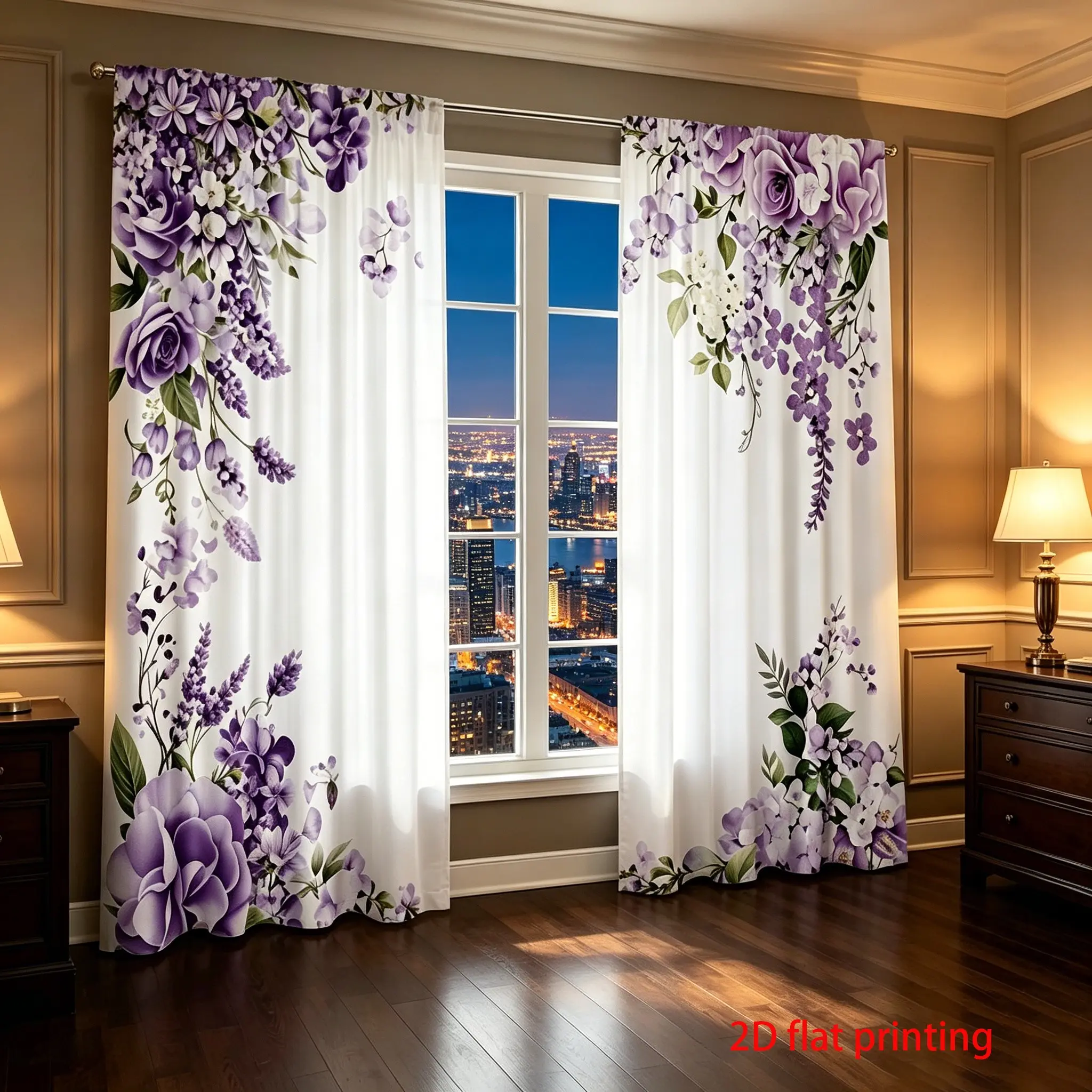 2-piece flat printed semi transparent curtain decoration, purple floral pattern, polyester material, washable, home window decoration, used for living room, bedroom, home party decoration, Window decorations supplies, Home Textile
