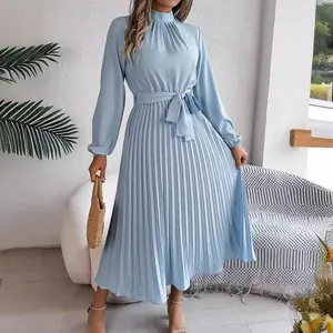 Women’s High-Neck Long-Sleeve Pleated Midi Dress with Belt, Elegant Light Blue Chiffon Dress for Parties, Wedding Guests, Formal Occasions