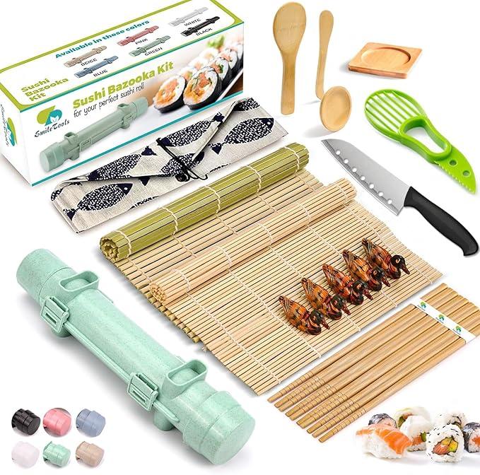 Sushi Making Kit, 22 in 1 Sushi Roller Sushi Maker Kit with Bamboo Sushi Rolling Mats, Bazooka, Chef's Knife, Chopsticks, Sauce Dishes, Rice Slicer