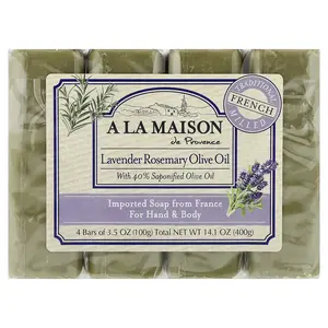 A La Maison de Provence Hand & Body Bar Soap, Lavender Rosemary Olive Oil, 4 Bars, 3.5 oz (100 g) Each