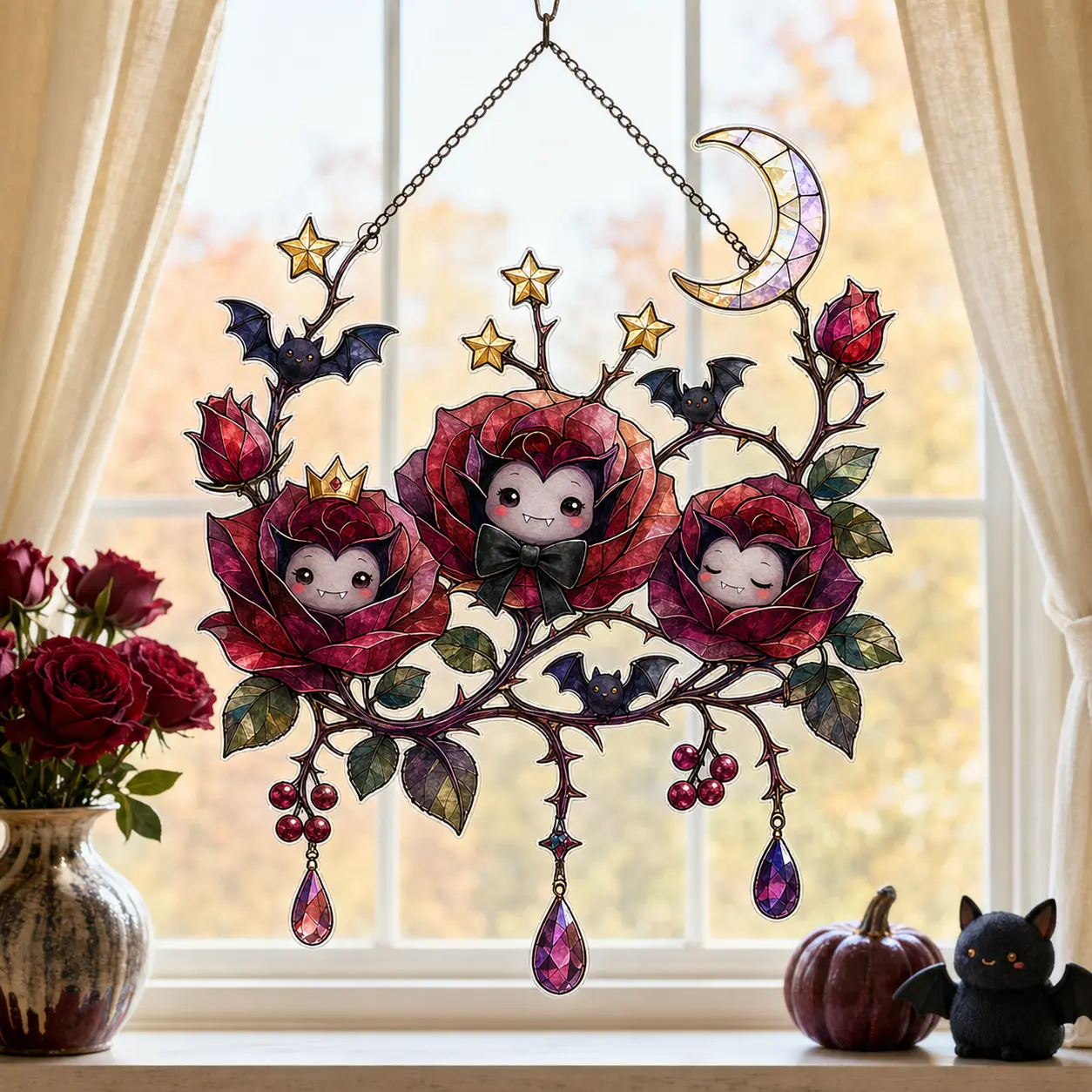 Halloween Vampire Rose Acrylic Suncatcher, Faux Stained Glass Window Hanging, Cute Bat Gothic Fall Home Decor