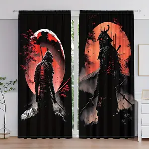 2 pieces, Japanese samurai battle ink painting printed curtains, pole pocket style, semi sunshade polyester fiber, suitable for home living room, bedroom, balcony, kitchen, study and shower room window decoration, anti privacy, easy to clean.