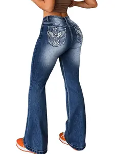 Women's Jeans Feather wings Flower Embroidery Mid Rise Stretchy Bootcut Slim Fit Jeans