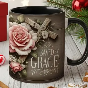 Saved By Grace Coffee 11oz Mug, Christian Faith Gift for Church Members, Inspirational Cross & Rose Ceramic Cup, Meaningful Baptism or Easter Gift