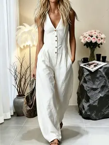Deep V Neck Sleeveless Jumpsuit for Women Single Breasted Wide Leg Long Pants Slimming Leg Line Flattering All Skin Tones Office Date Holiday