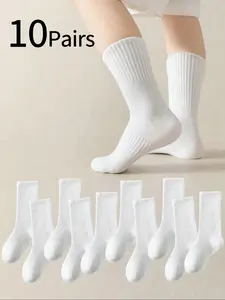 10 Pairs Student Socks, Autumn Winter Korean Style Casual College Wind Children Solid Color Mid-Calf Socks, Casual Stylish Socks, Sports Basketball Socks