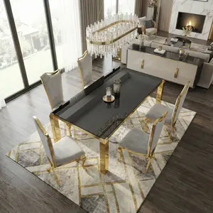 ARCH Luxury Gold Modern 63" Dining Table - 201 Stainless Steel PVD Plated, 10mm Black Tempered Glass, Seats 6  for Kitchen & Dining Room