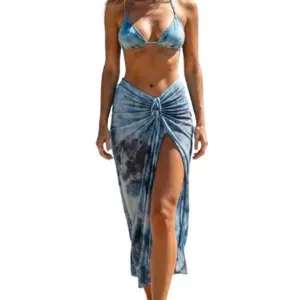Women's Blue Tie Dye Flattering Halter Triangle Bikini Set 3 Piece High Waisted Tummy Control Swimsuit with Twist Split Cover Up Skirt Snatched Waist Beach Vacation Outfit Bikini Set with Cover Up for Midsize Curvy Women cheeky Slimming rash guard thong