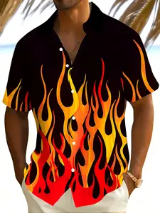 Men's Short Sleeve Shirt, Flame Print Casual Summer Style Button Down, Loose Fit Hawaiian Style, Fashionable Streetwear for All Seasons
