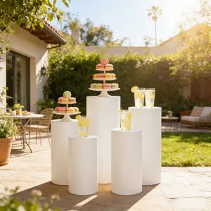 5 Tier White Cylindrical Cake Dessert Display Stand Set, Iron Wedding Party Centerpiece Decor for Flowers Candles Ornaments