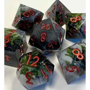 Earthbind - NEW- Starry Night Sky/Black/Gray/Cloudy Sharp Edge Dice Set- Real Leaf Inclusions- Rose Copper Ink- DnD, Pathfinder, TTRPG Dice