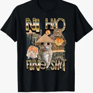 Ni Hao Fine Shyt Funny Brainrot Gen Z Meme T-Shirt, Cotton Unisex Graphic T Shirt Casual Heart Print T-Shirt Top Womenswear Cartoon T-shirt