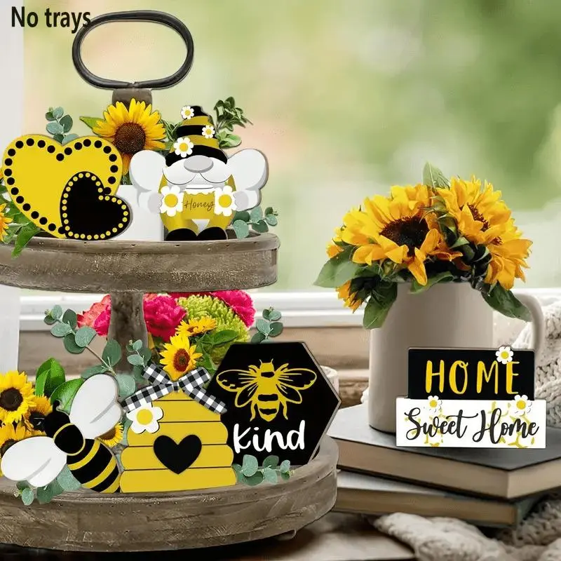 Bee Themed Tiered Tray Decor Set, 1 Set Bee & Honeycomb & Gnome & Flower & Letter Pattern Decorative Signs, Indoor & Outdoor Table Centerpiece, Ornaments