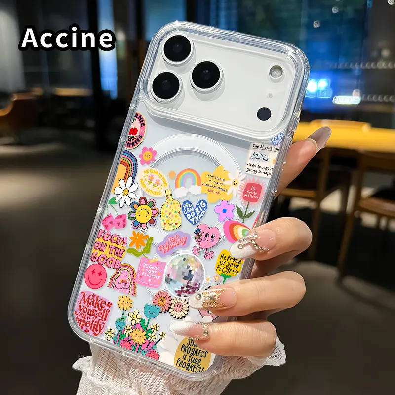 Magnetic Phone Case for iPhone 17 16  Pro Max Plus 15 14 13 12 11 Air E Joyful Sticker Symphony  Printed Clear Acrylic All Coverage Cover Support Wireless Charging