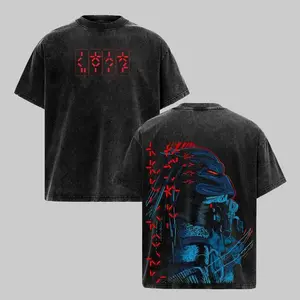Alien Hunter Predator Graphic Tee, Sci-Fi Warrior Art, Cyber Alien Illustration, Dark Futuristic Design, Washed Black Oversized T-shirt, Unisex Streetwear