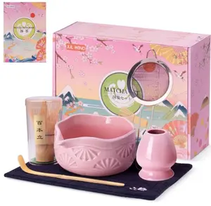 Matcha Whisk Set, Ceramic Matcha Set Includes Matcha Bowl with Spout, Matcha Whisk and Holder, Bamboo Scoop, Sifter and Tea Towel - 6 Pcs Matcha Kit Gift for Matcha Lovers (Pink)